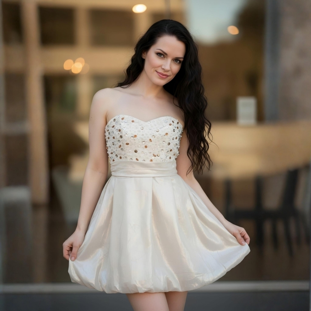 Mark + James ✦ Champagne Beaded Balloon Skirt Mini Dress ✦ Strapless Tube 4 NWT - Picture 10 of 16